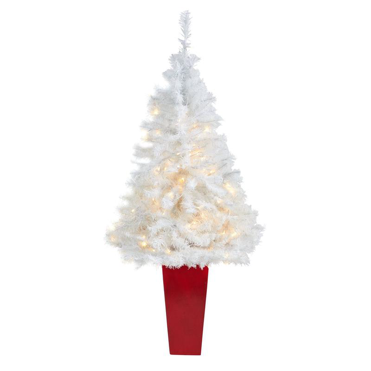 458217 White Artificial Christmas Tree with 100 Clear LED Lights in Red Planter