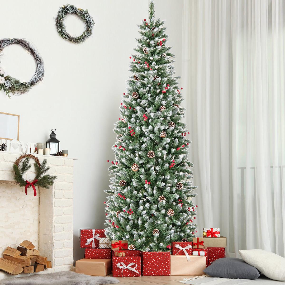 - 7  Pre-lit Artificial Pencil Christmas Tree with Pine Cones and Red Berries-7 ft