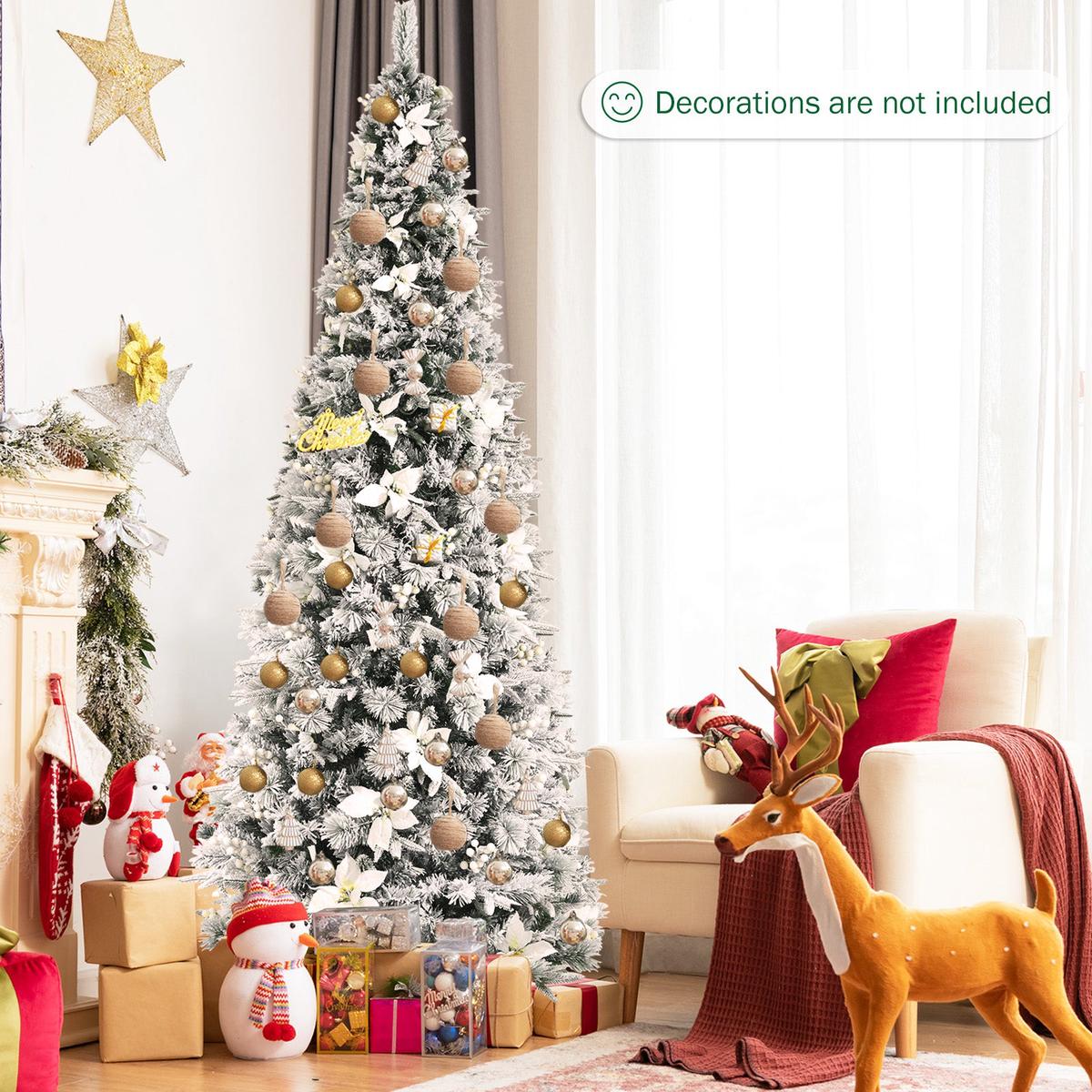 - 8  Snow Flocked Christmas Pencil Tree with Berries and Poinsettia Flowers- 8 ft
