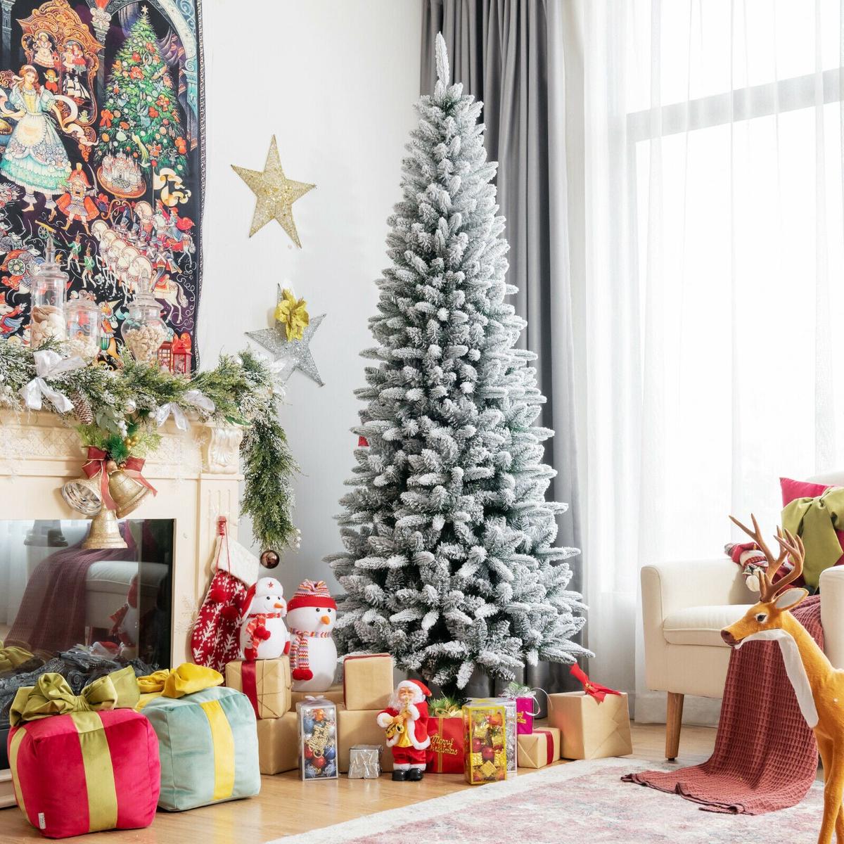 - 7.5  Snow-Flocked Hinged Artificial Christmas Pencil Tree with Mixed Tips-7.5'