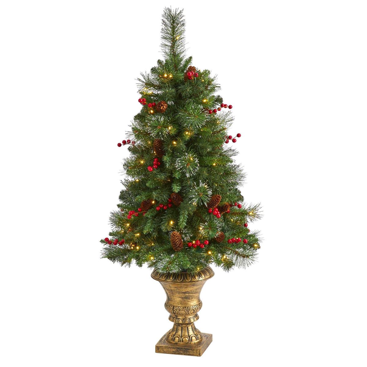 4 Pine, Pinecone and Berries Artificial Christmas Tree with 100 Clear LED Lights in Decorative Urn