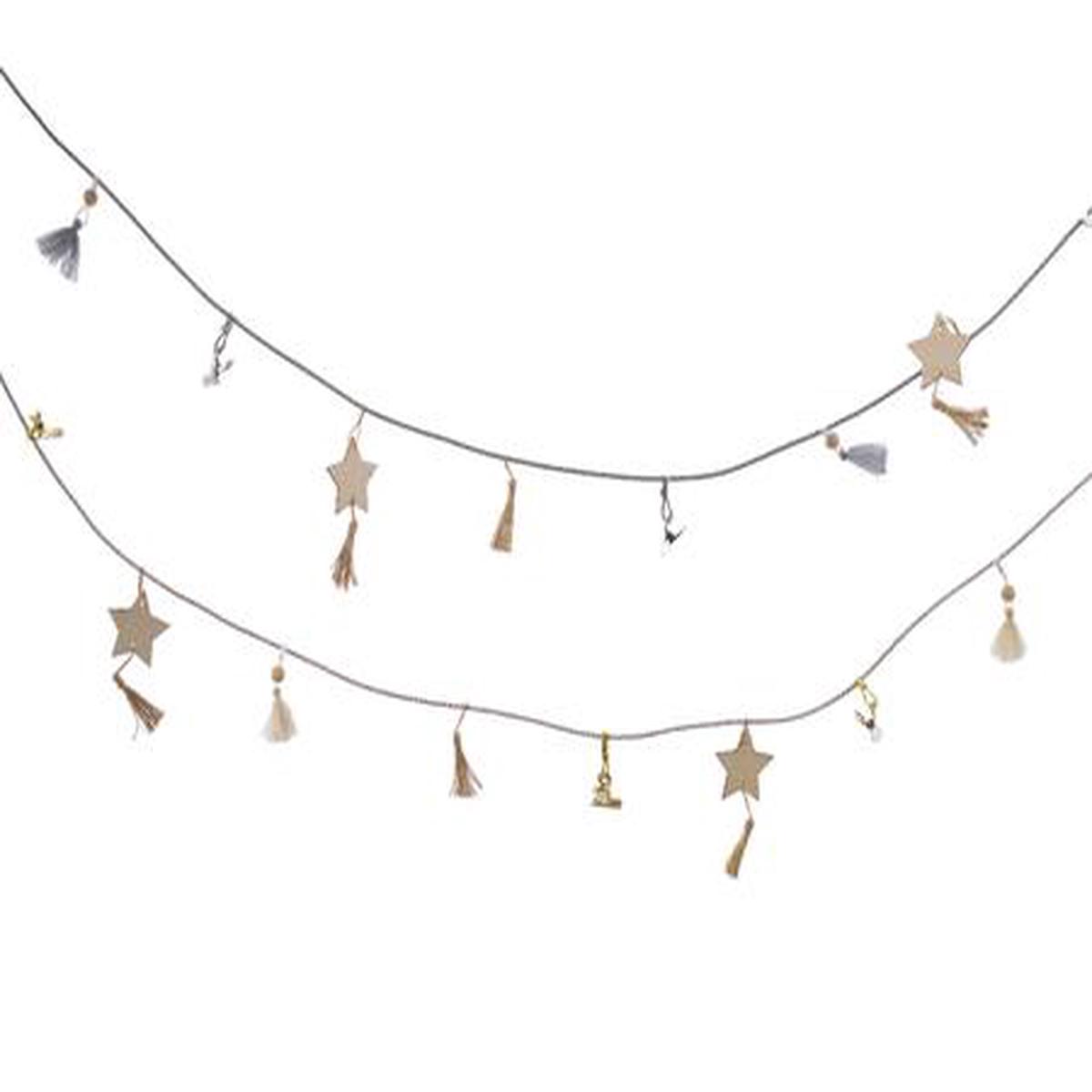 Leather Garland with Tassel & Wood Stars - Beige / Grey