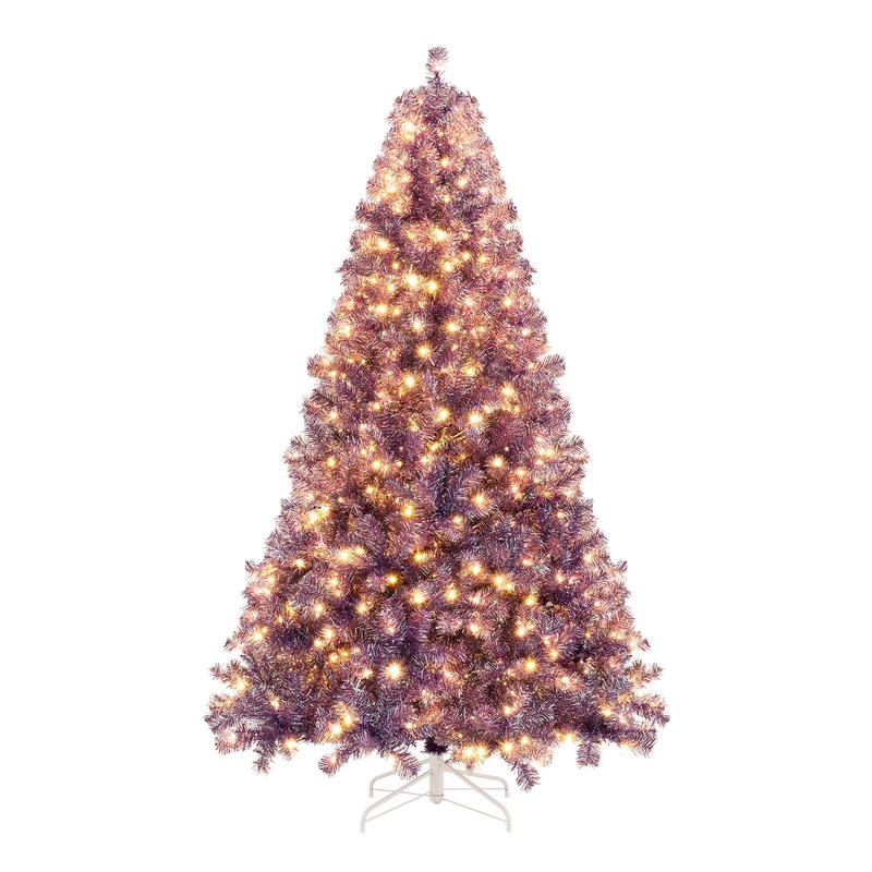 Pre-Lit Tinsel Christmas Tree, 7.5ft, Warm White LED Lights - Options