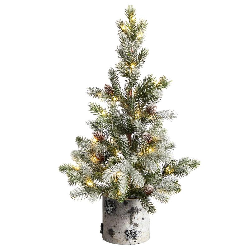 24 Flocked Artificial Christmas Tree in Decorative Birch Bark Planter