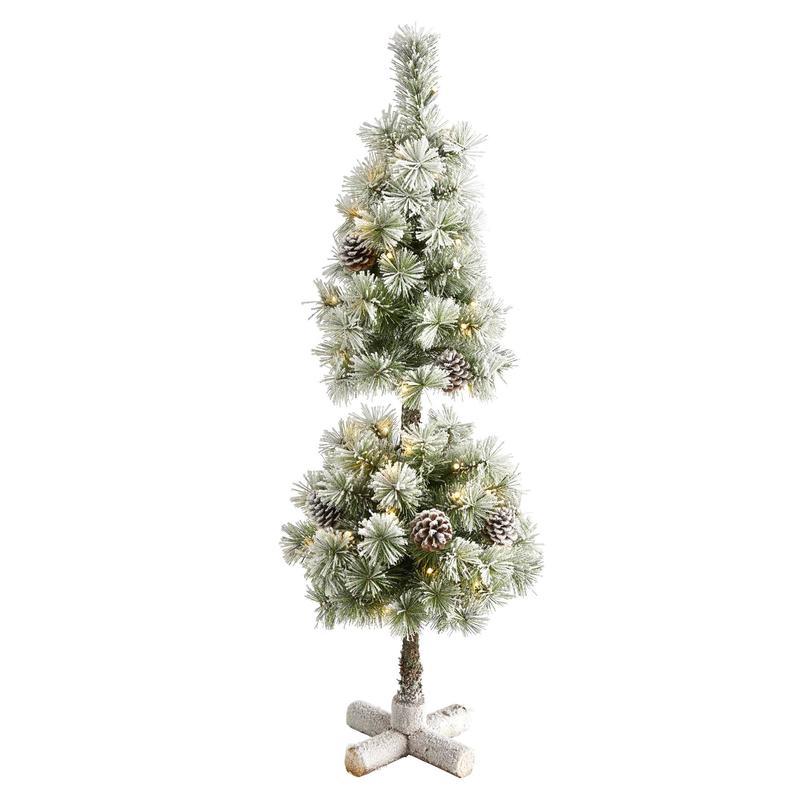 3 Flocked Artificial Christmas Tree Topiary with 50 Warm White LED Lights and Pine Cones