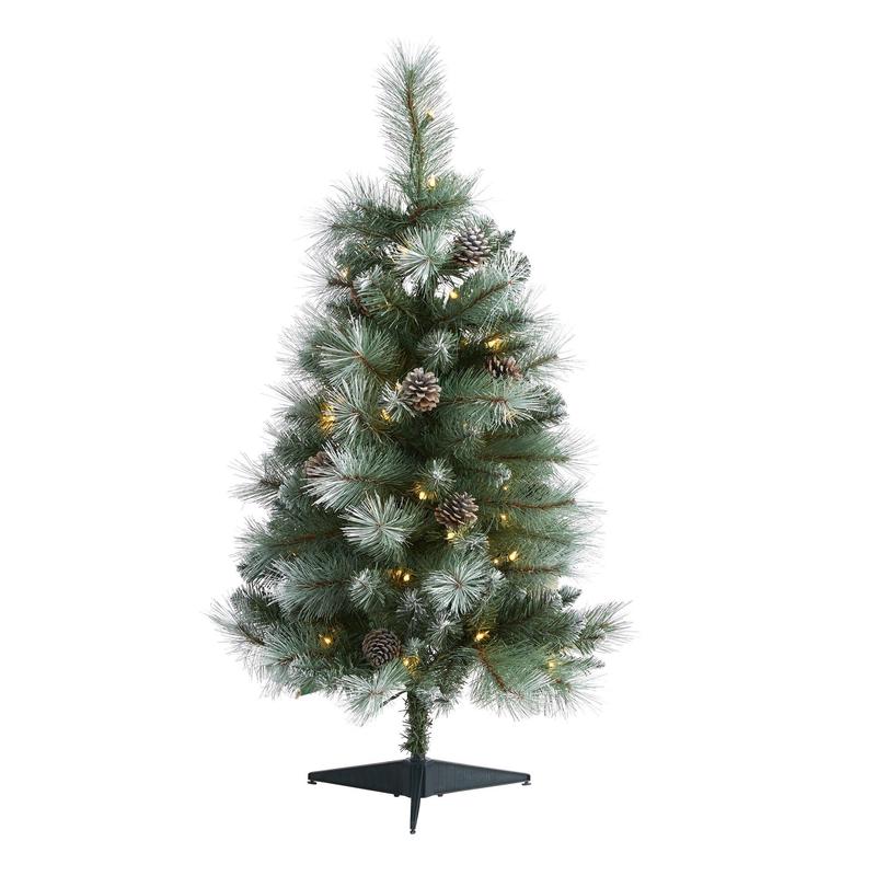 3 Frosted Tip British Columbia Mountain Pine Artificial Christmas Tree with 50 Clear Lights, Pine Cones and 112 Bendable Branches