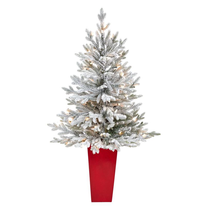 4 Flocked Fraser Fir Artificial Christmas Tree with 200 Warm White Lights and 481 Bendable Branches in Red Planter