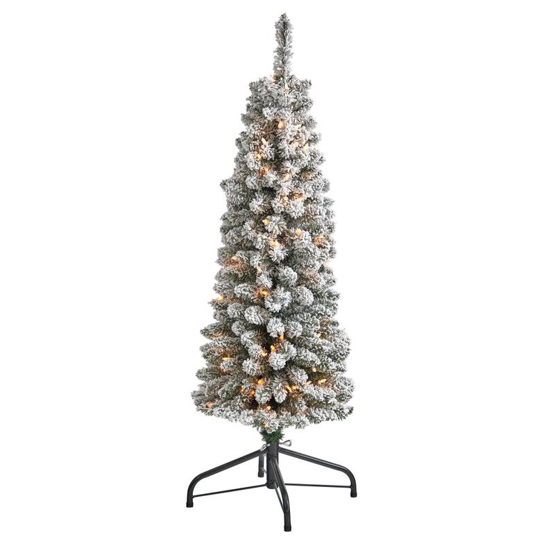 4 Flocked Pencil Artificial Christmas Tree with 100 Clear Lights and 216 Bendable Branches