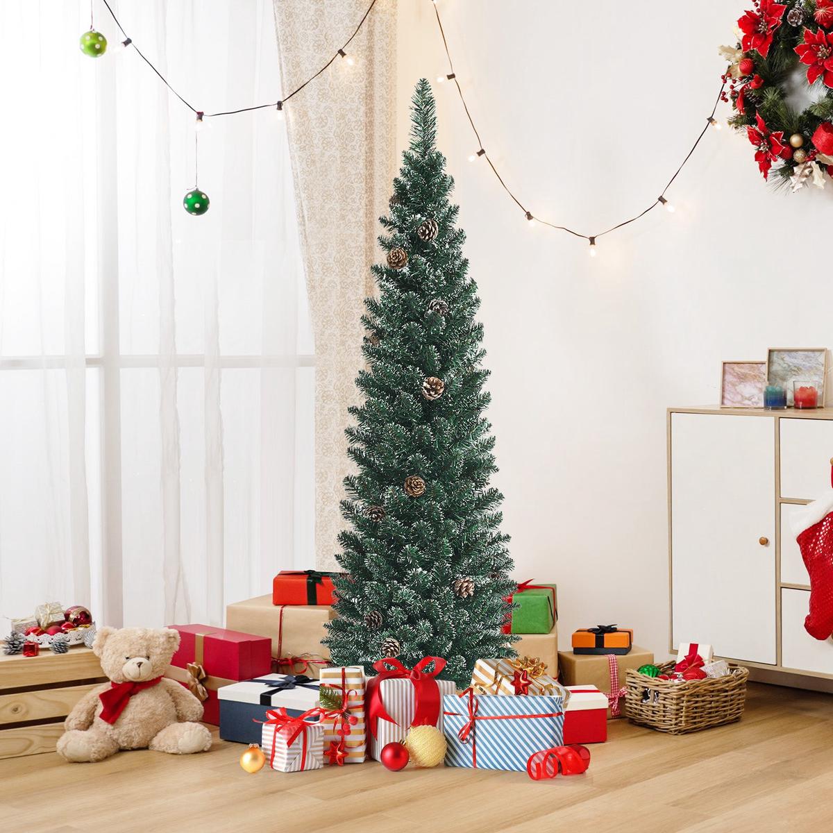 - 5  Snowy Artificial Pencil Christmas Tree with Pine Cones-5 ft