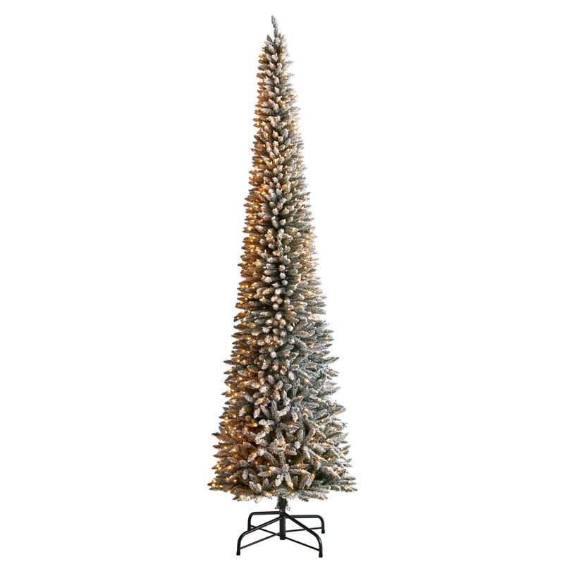 12 Flocked Pencil Artificial Christmas Tree with 1000 Clear Lights and 1819 Bendable Branches