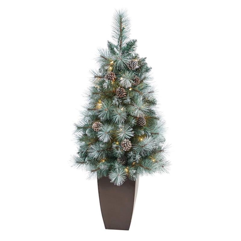 3.5 Frosted Tip British Columbia Mountain Pine Artificial Christmas Tree with 50 Clear Lights, Pine Cones and 112 Bendable Branches in Metal Planter