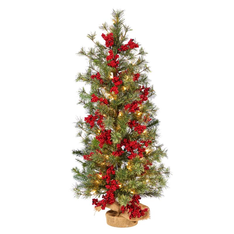 3 Berry and Pine Artificial Christmas Tree with 50 Warm White Lights and Burlap Wrapped Base