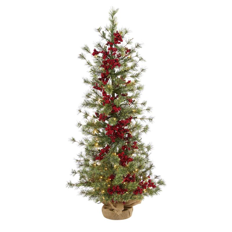 4 Berry and Pine Artificial Christmas Tree with 100 Warm White Lights and Burlap Wrapped Base