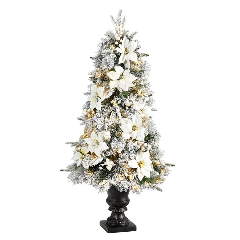 4 Flocked Artificial Christmas Tree with 223 Bendable Branches and 100 Warm Lights in Decorative Urn