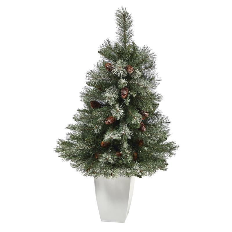 3.5 Snowed French Alps Mountain Pine Artificial Christmas Tree with 135 Bendable Branches and Pine Cones in White Metal Planter