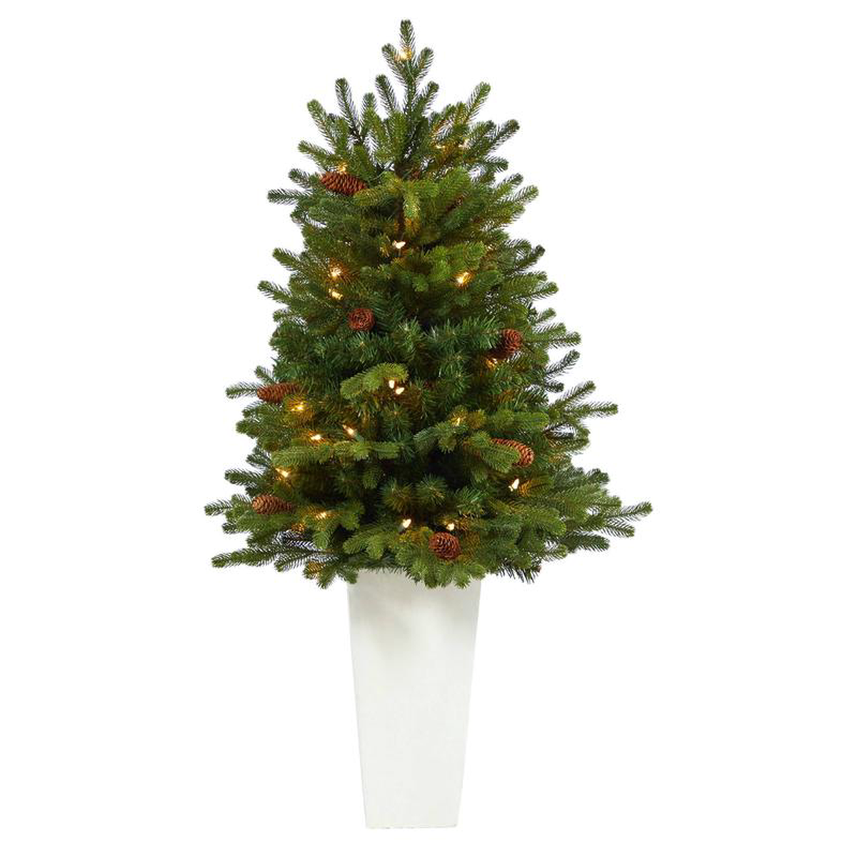 35 Yukon Mountain Fir Artificial Christmas Tree with 50 Clear Lights and Pine Cones in White Planter