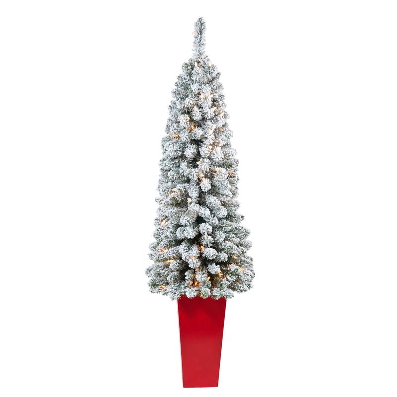 4.5 Flocked Pencil Artificial Christmas Tree with 100 Clear Lights and 216 Bendable Branches in Tower Planter