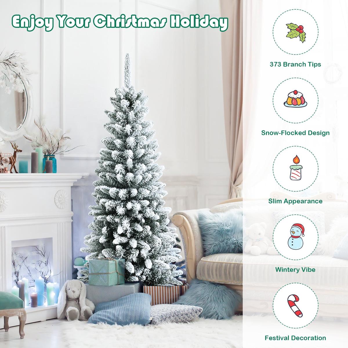 - 4.5  Snow-Flocked Hinged Artificial Christmas Pencil Tree with Mixed Tips-4.5'