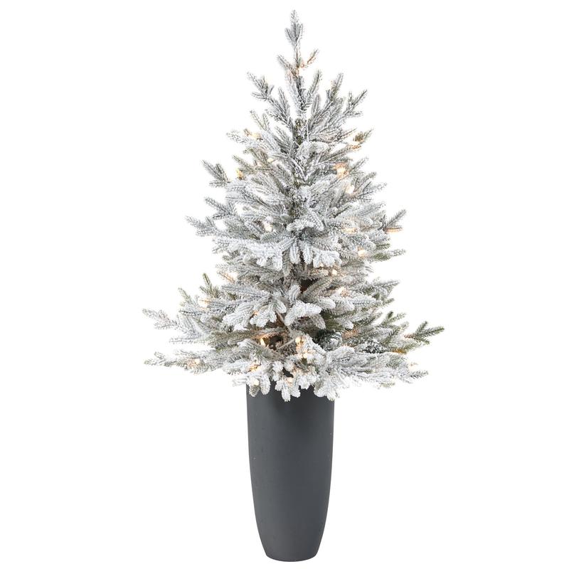 4 Flocked Fraser Fir Artificial Christmas Tree with 200 Warm White Lights and 481 Bendable Branches in Gray Planter