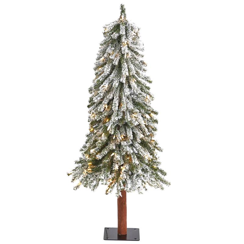 4 Flocked Grand Alpine Artificial Christmas Tree with 100 Lights and 361 Branches on Natural Trunk