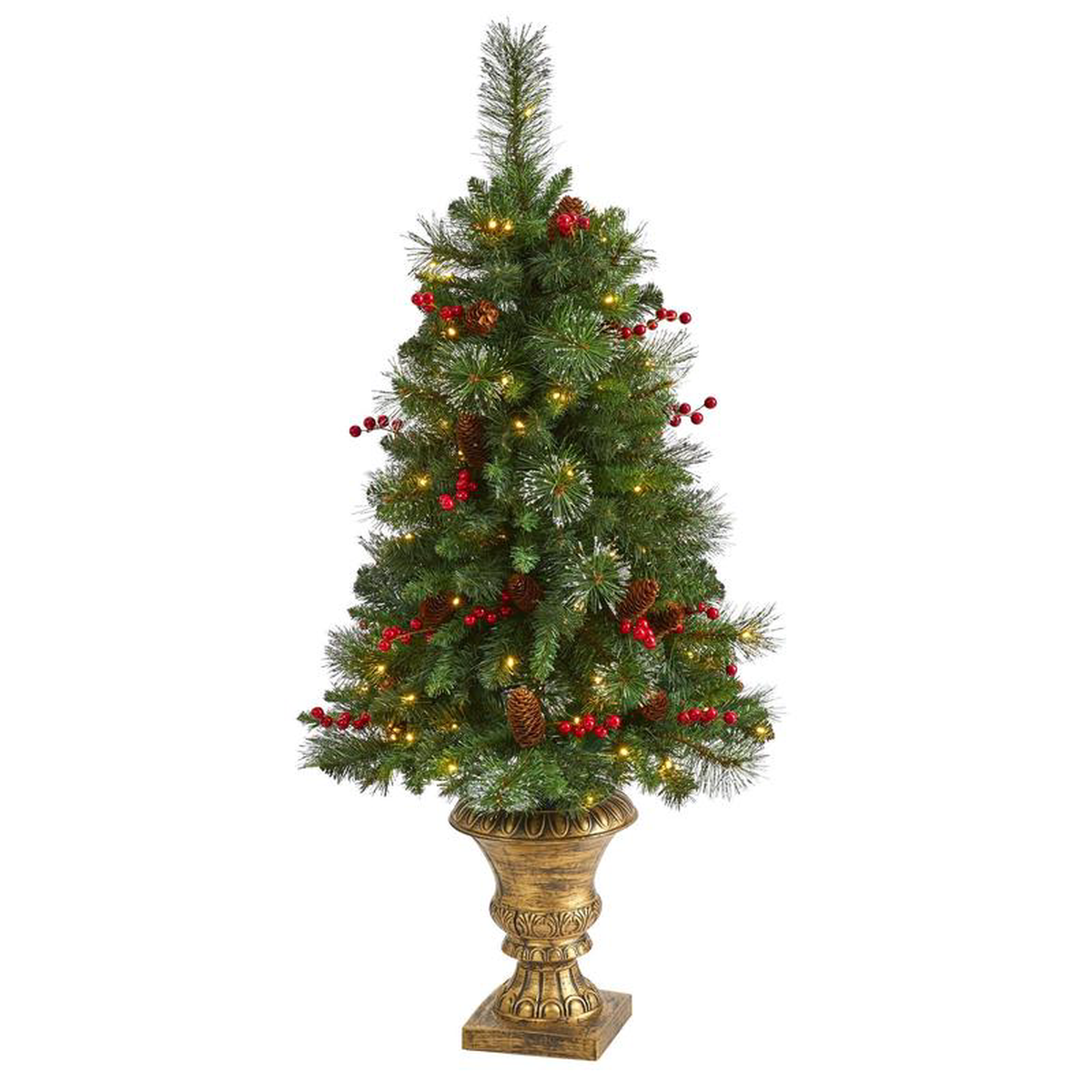 4 Pine Pinecone and Berries Artificial Christmas Tree with 100 Clear LED Lights in Decorative Urn