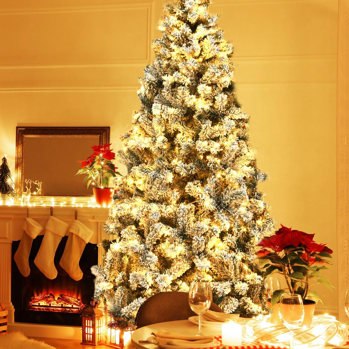 - 7.5  Pre-Lit Premium Snow Flocked Hinged Artificial Christmas Tree-7.5 ft