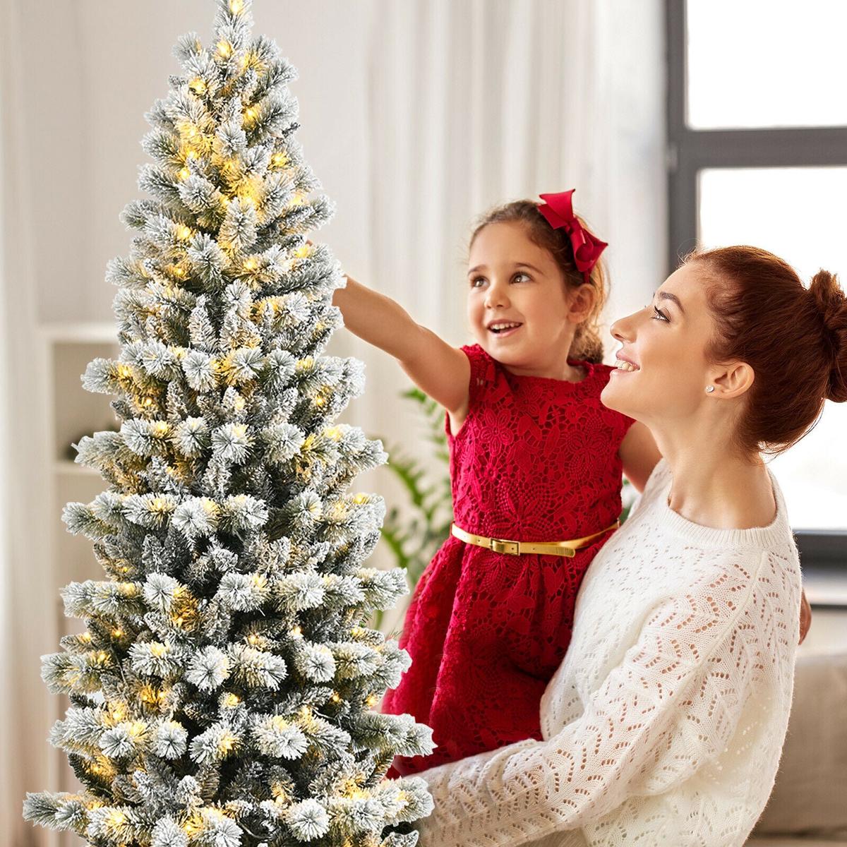 8  8 Feet Pre-Lit Hinged Snow Flocked Christmas Tree with Remote Control
