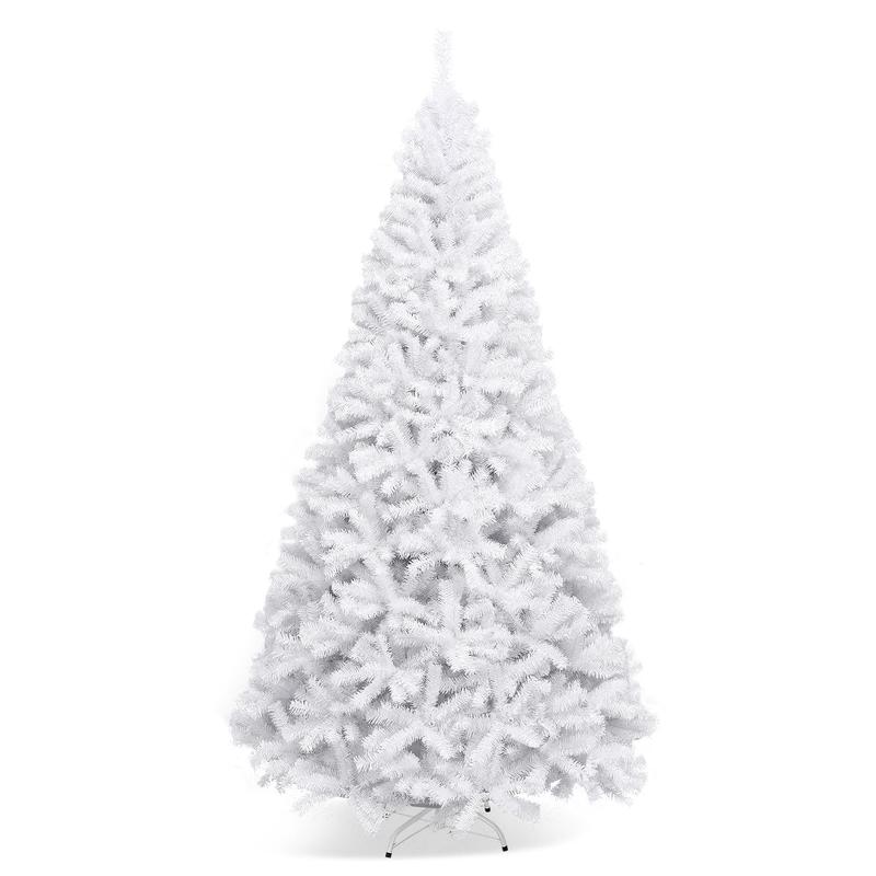 9 Feet Hinged Artificial Christmas Tree, Metal Stand, White