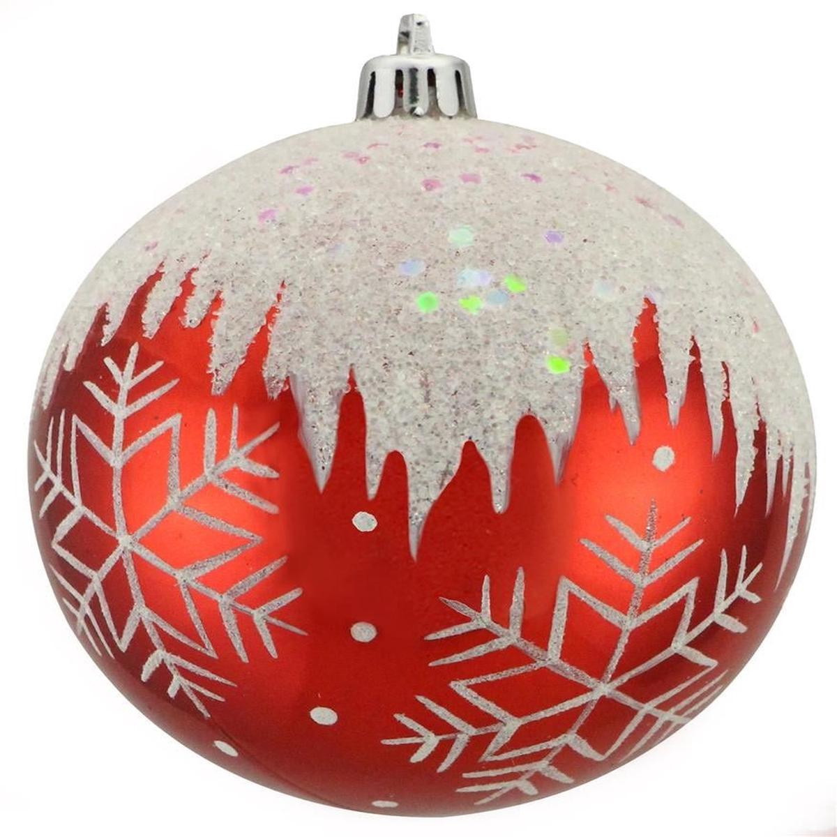 100MM Vacuum Plated Shiny Red Ball Ornament with White Glitter Snowflakes