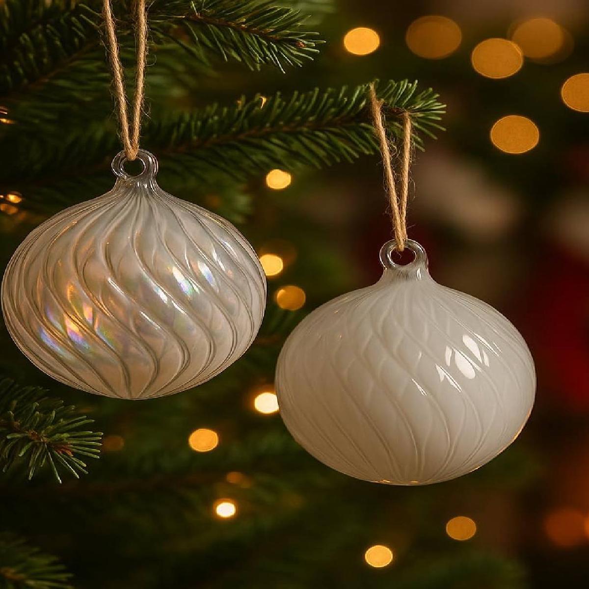 White Glass Christmas Tree Ball Decorative Swirl 10cm