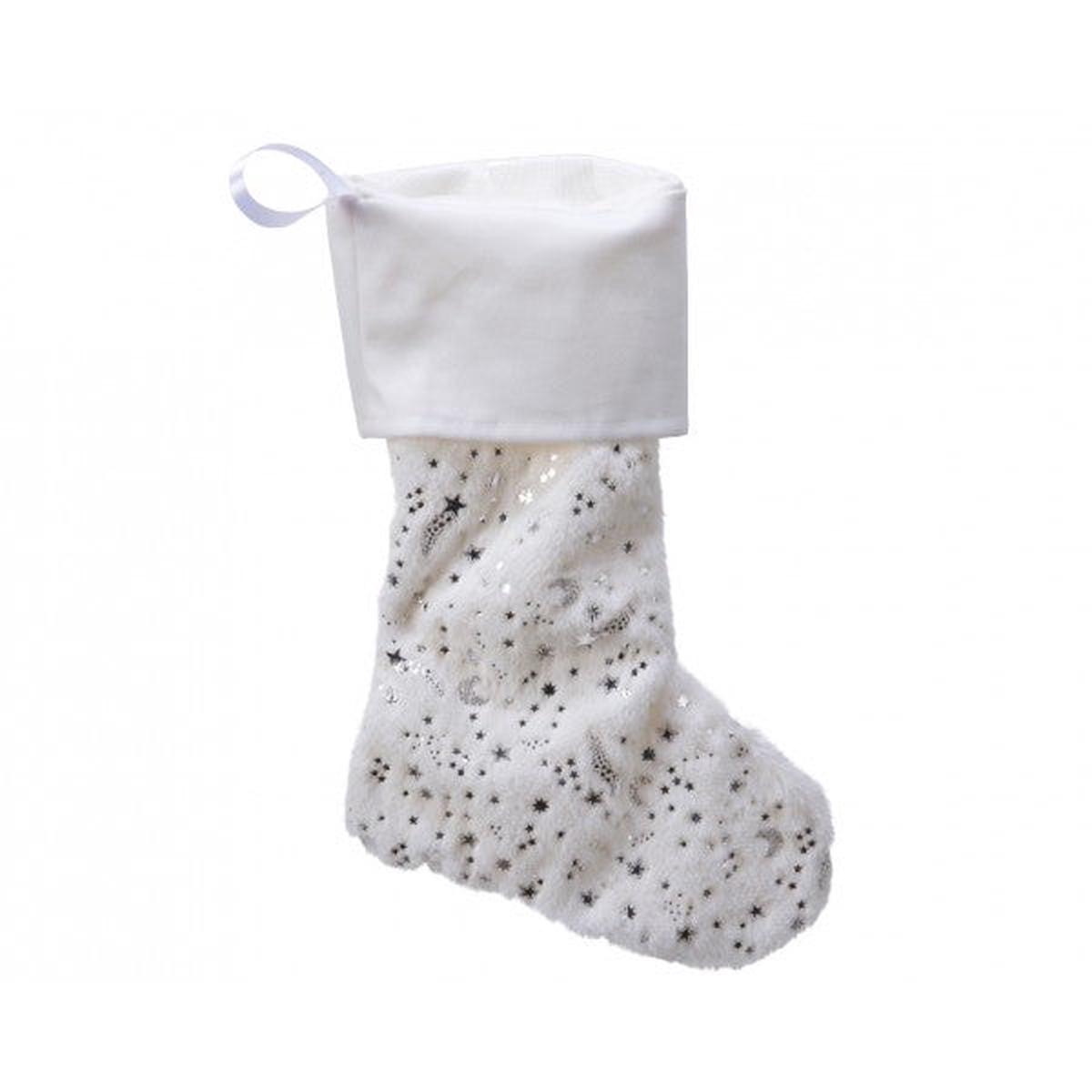 White Epiphany Stocking with Silver Stars and Moons, 45cm