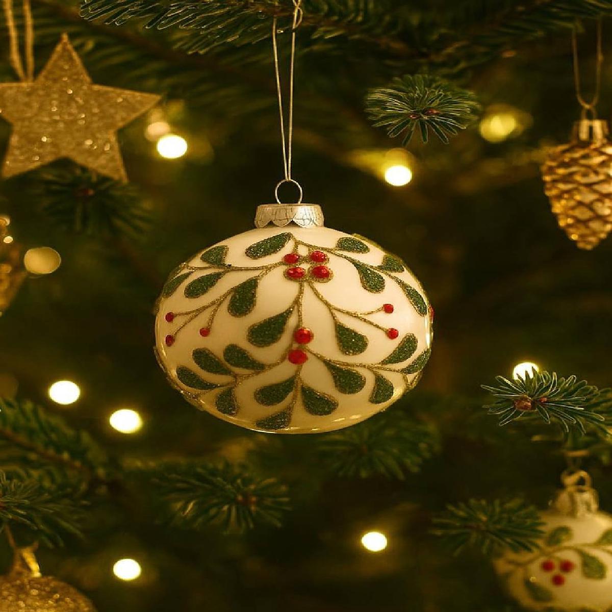 White Glass Christmas Tree Ball with Glitter Leaves, 10cm