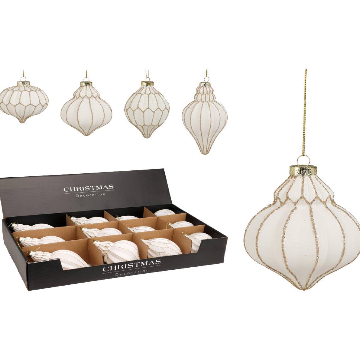 White Glass Christmas Tree Ball with Gold Decorations, 8cm