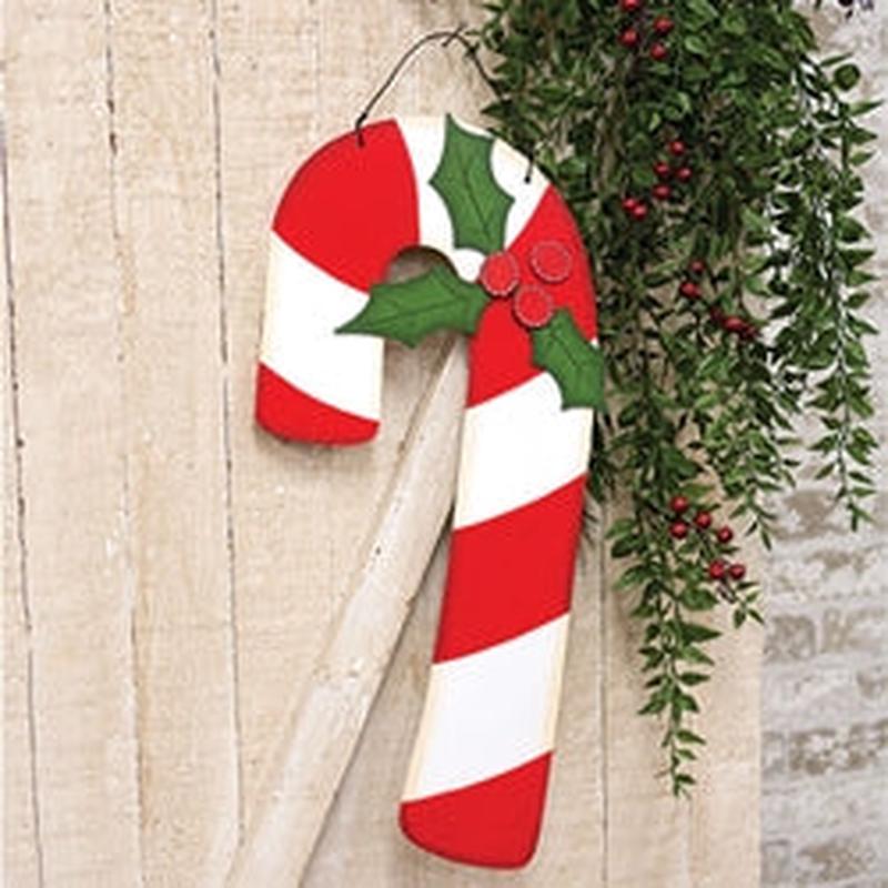 Wooden Candy Cane & Holly Hanger - 18.5