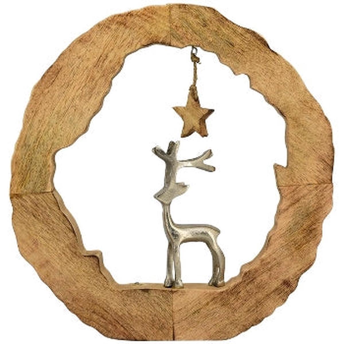 Wooden sculpture with metal reindeer