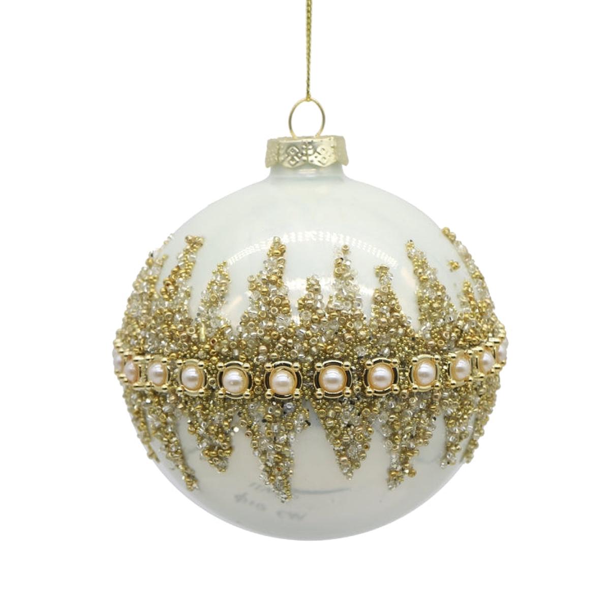 White Glass Christmas Tree Ball with White and Gold Pearls 10cm