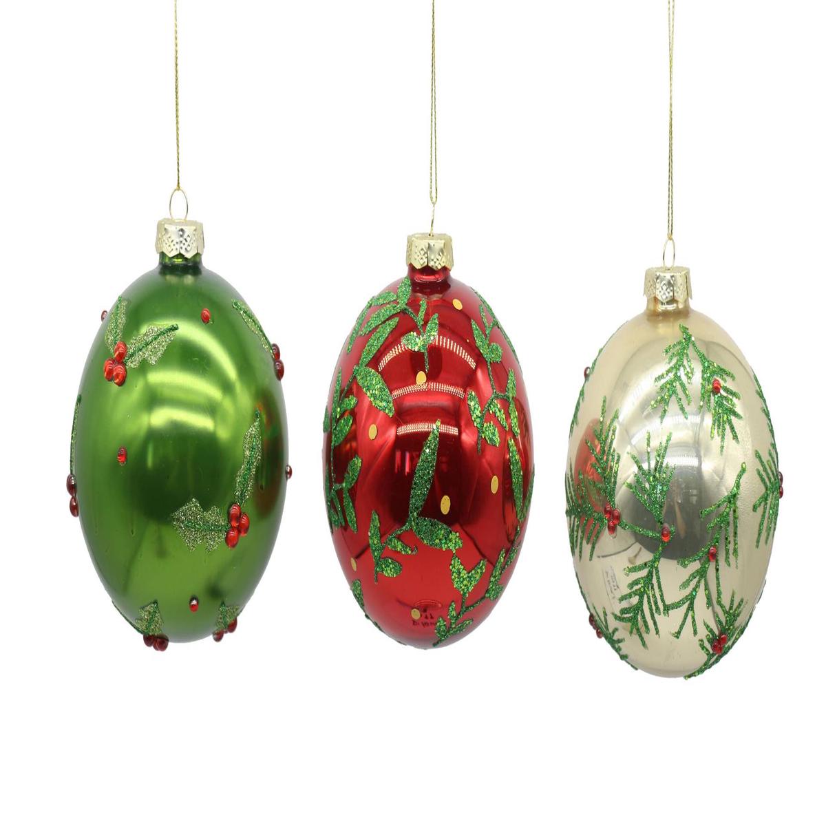 10cm Shiny Glass Christmas Tree Ball in White, Red, and Green with Berries