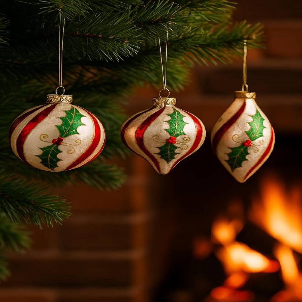 10cm Striped Glass Christmas Tree Ball with Mistletoe
