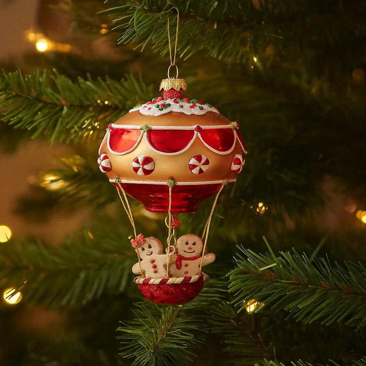 12cm Gingerbread Hot Air Balloon Glass Christmas Tree Ornament