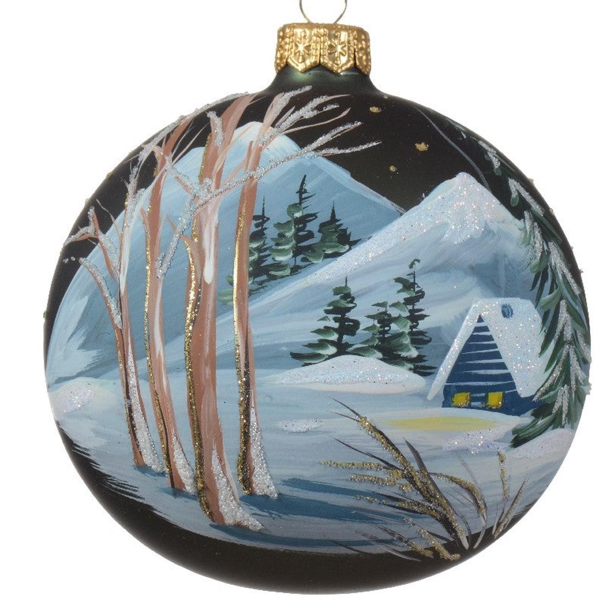 10cm Glass Christmas Tree Ball with Snowy Village Design