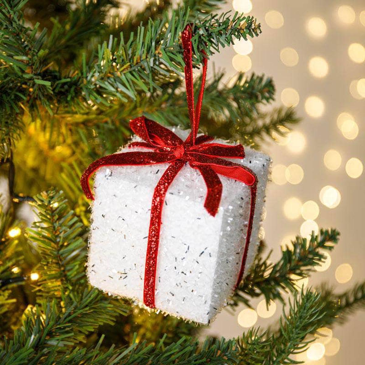 White Tinsel Gift Bauble - 8cm