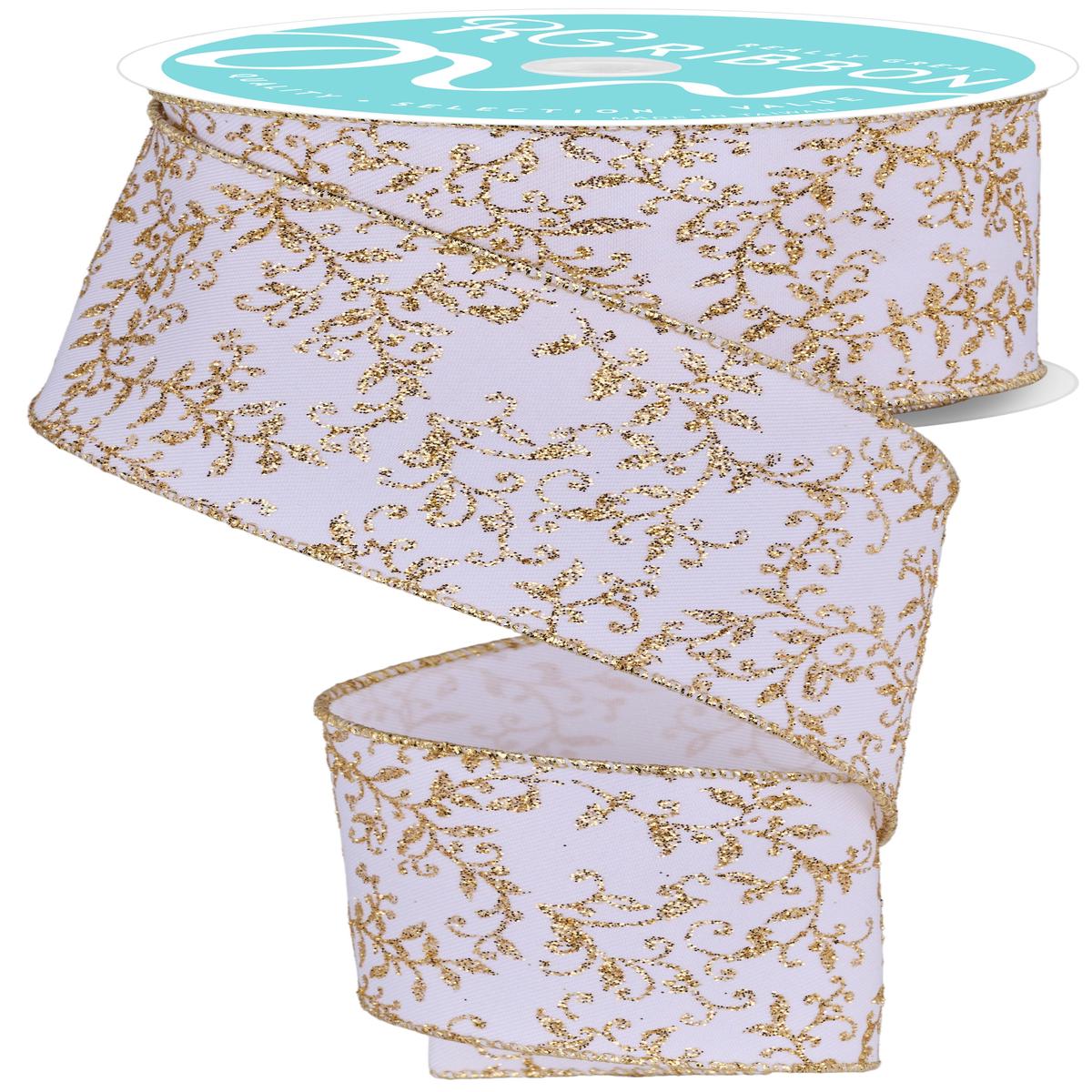 10 Yards of White Polyester Ribbon with a Gold Glitter Mini Leaf Vine Design
