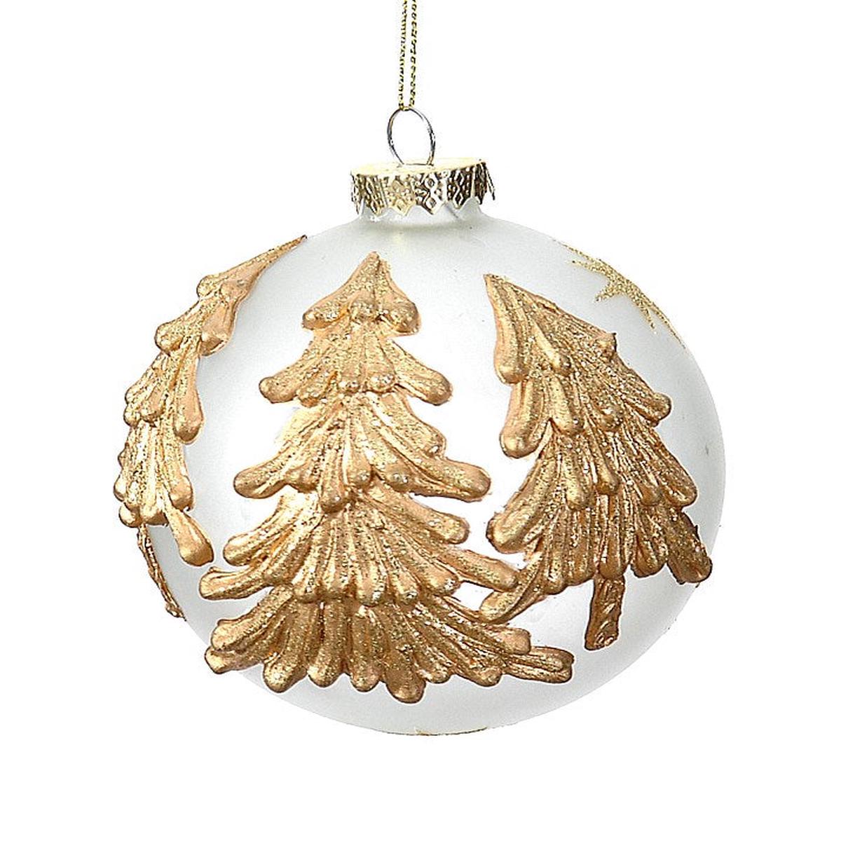 White Glass Christmas Tree Ball with Golden Trees 10cm