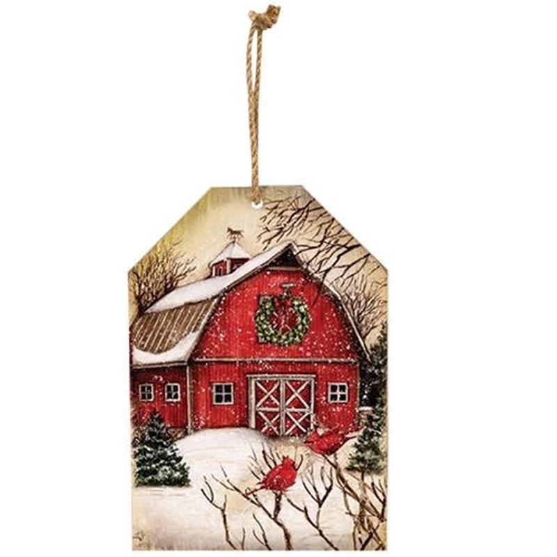 Winter Barn Scene Wooden Tag Ornament