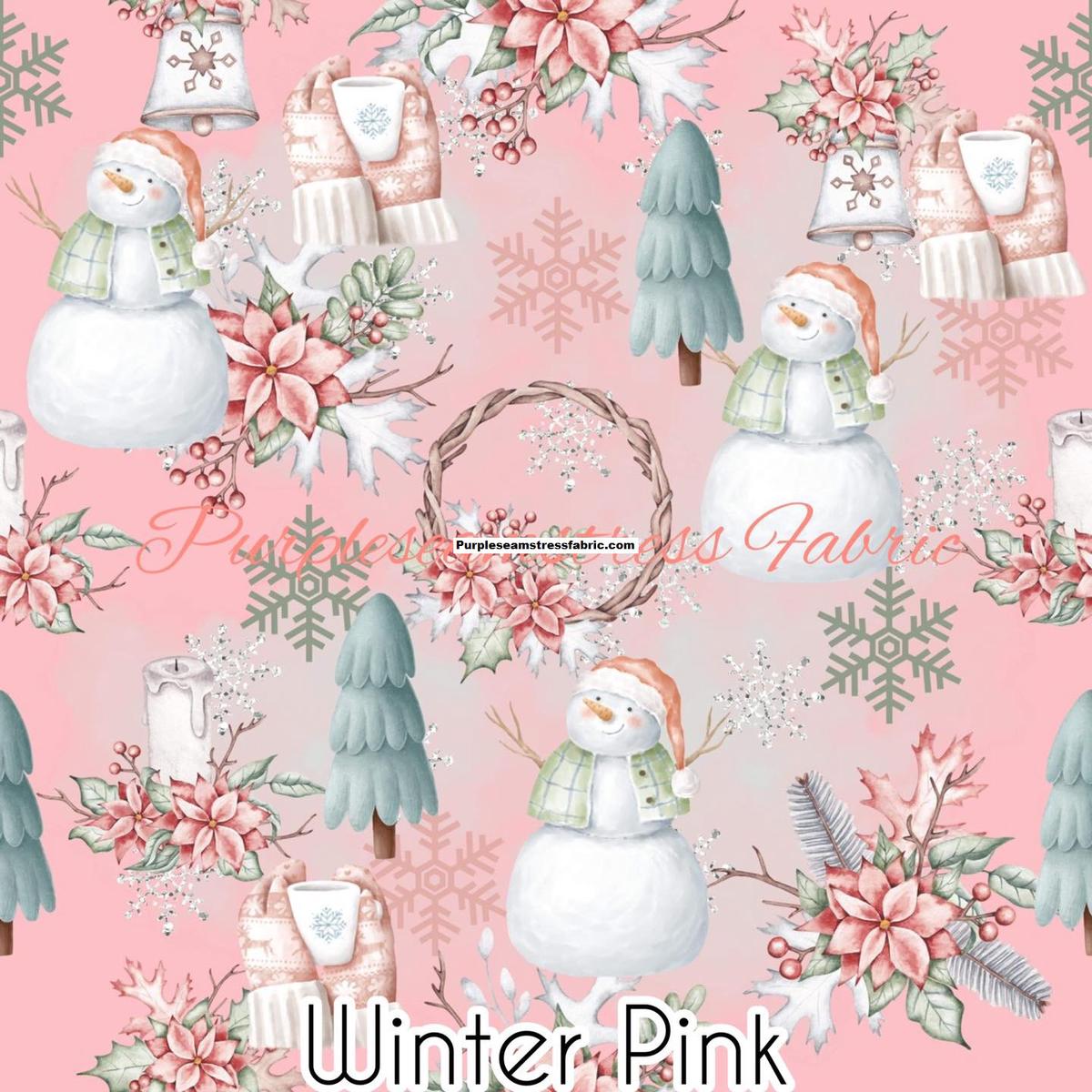 Winter Pink Snowmen  Fabric