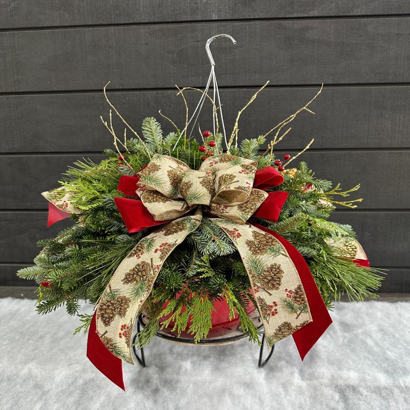 12'' Decorated Pinecone Red Hanging Basket (Xmas)