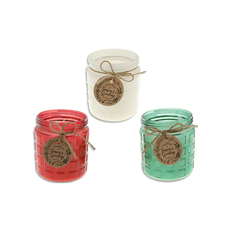 XMAS SCENTED CANDLE IN CHECKERED GLASS HOLDER 4-3/4IN