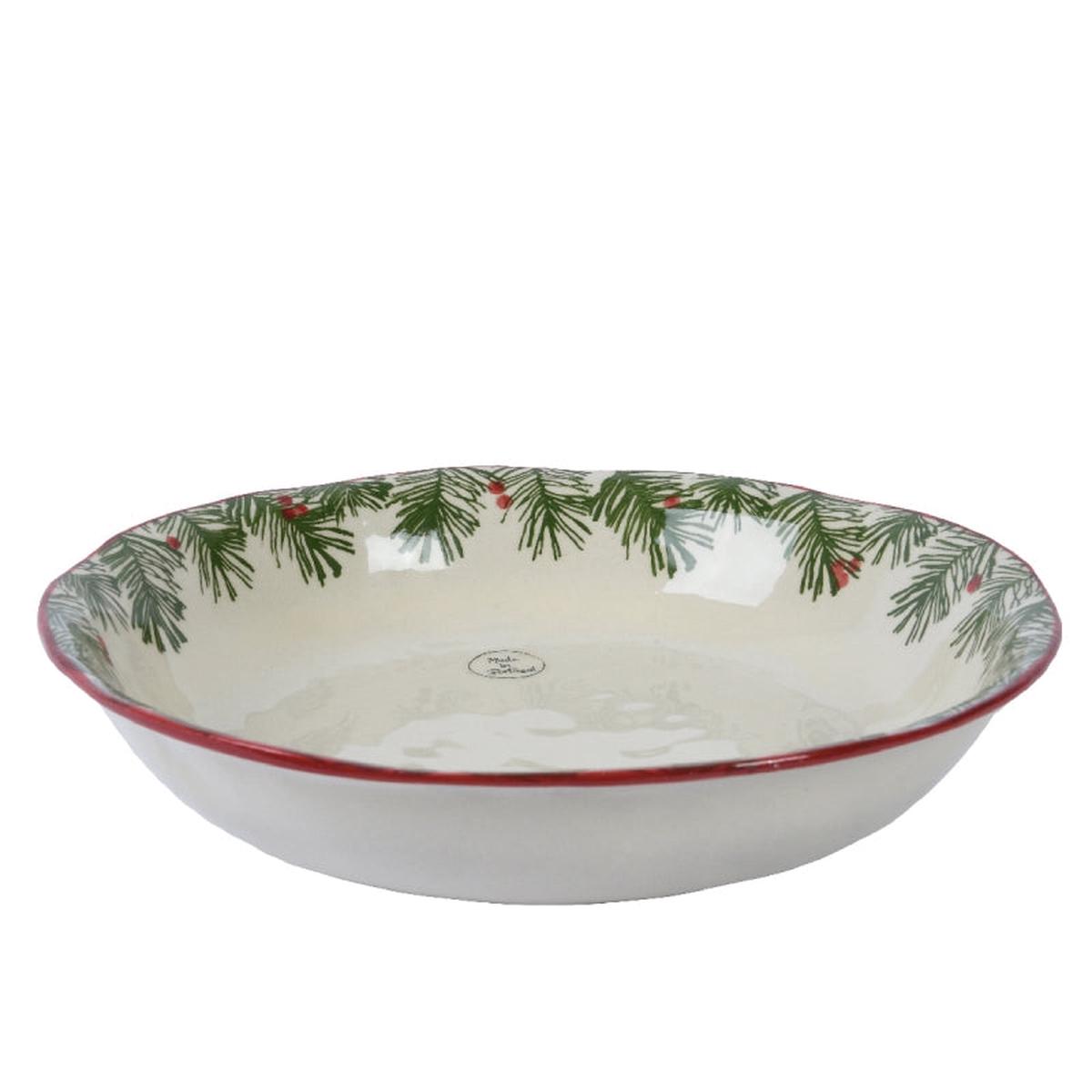 White Terracotta Bowl Plate with Christmas Tree Branches, 31cm diam.
