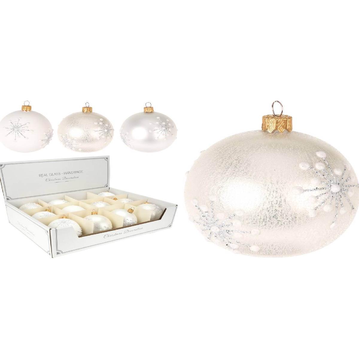 White Glass Christmas Tree Ball with Glitter Snowflakes, 8cm