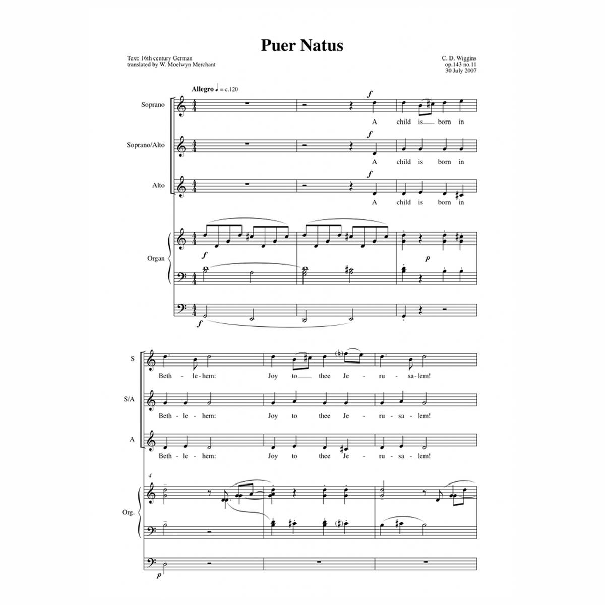 Wiggins: Puer Natus Op.143 No.11 - SSA & Organ